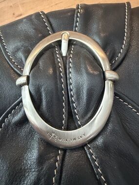 Black Leather Wristlet Clutch with Silver Chain and Ring Accent